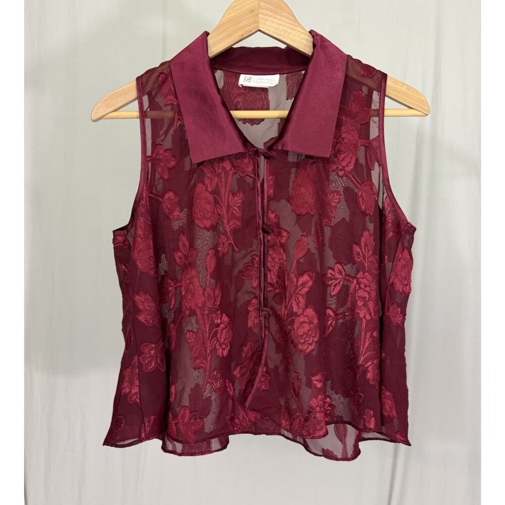 VTG California Dynasty Burgundy Sheer Polo Tank Top Floral Lace Med Dark Romance